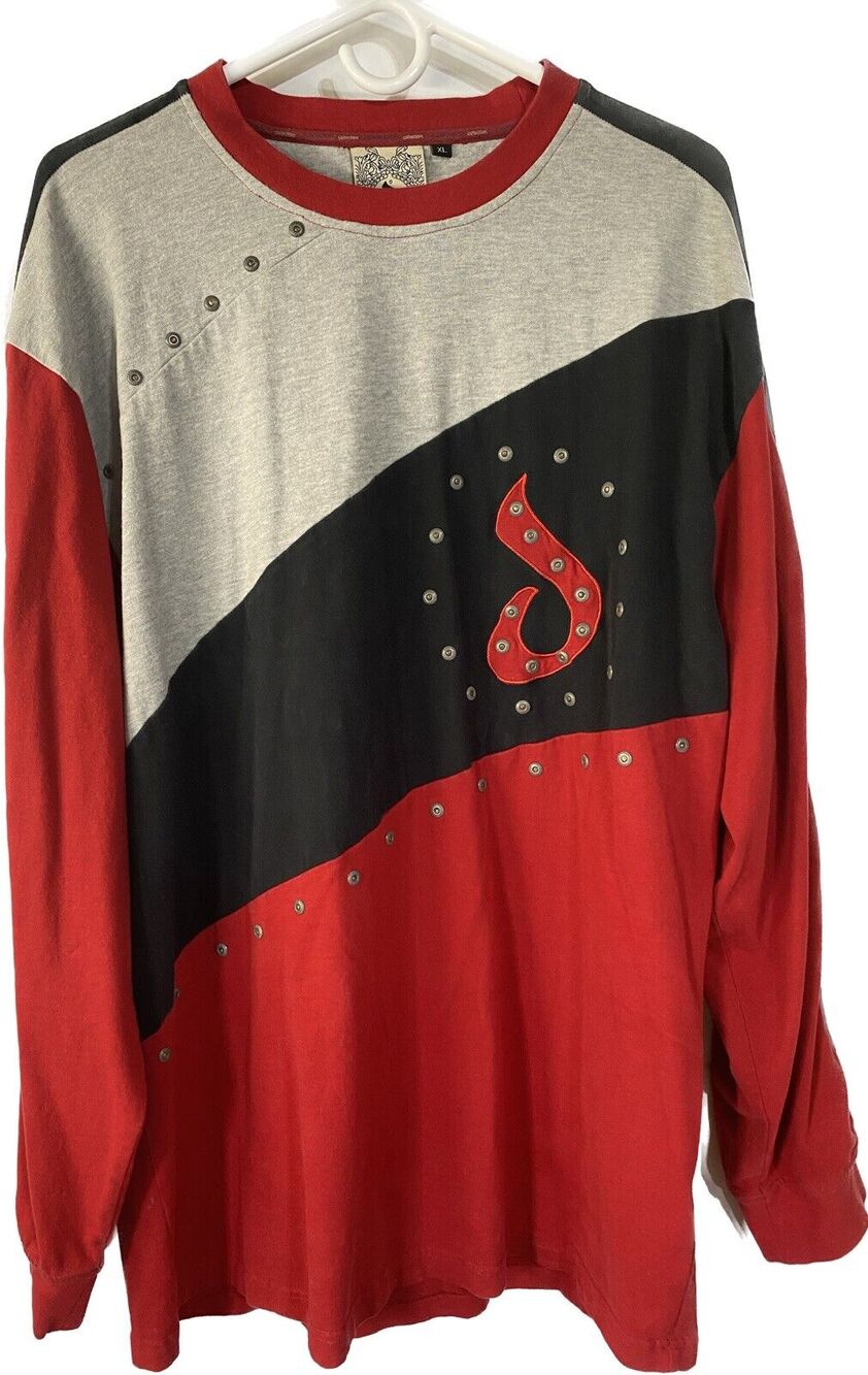 Davoucci Long Sleeve Shirt Sz XL Y2k Hip Hop Style Red Black Rivets